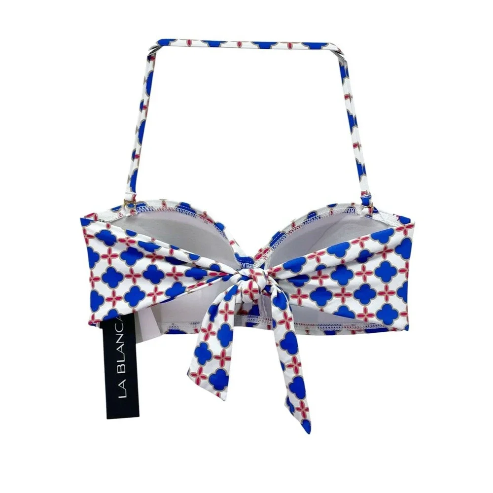NWT La Blanca Bikini Top Size 4 Blue Pink Red Geo Halter Bandeau Twist Tie Back
